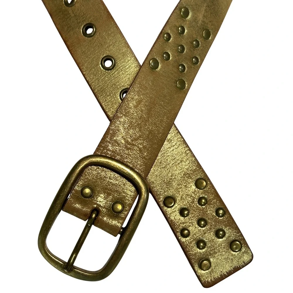 Womens Distressed Metallic Gold Studded Leather Belt Wide Brass Buckle L (33-37)